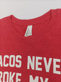 تیشرت اسپرت اورجینال کنواس (CANVAS) یقه گرد طرح Tacos Never Broke My Heart رنگ قرمز ملانژ - استوک | سایز XS/S (عرض ۴۳ - قد ۶۸)