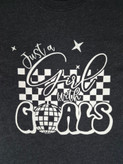 تیشرت زنانه اورجینال کنواس (CANVAS) یقه گرد طرح Just a Girl with Goals رنگ مشکی زغالی - استوک | سایز S/M (عرض ۴۷ - قد ۷۵)